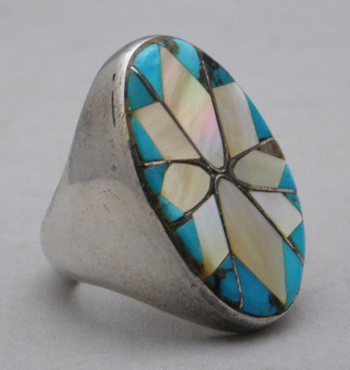 Dark Gray Zuni Mother of Pearl and Turquoise .925 Sterling Silver Large Heavy Mens Ring Size 10.25