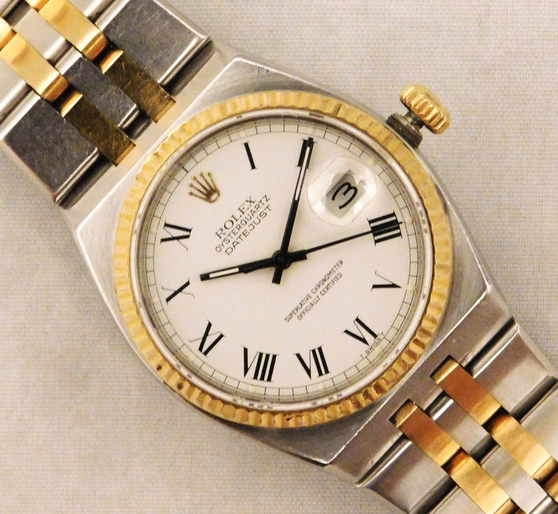 Gray Rolex Oysterquartz Datejust 17013 White Roman Dial 18k Solid Gold/SS 1986 Mens Watch....36mm