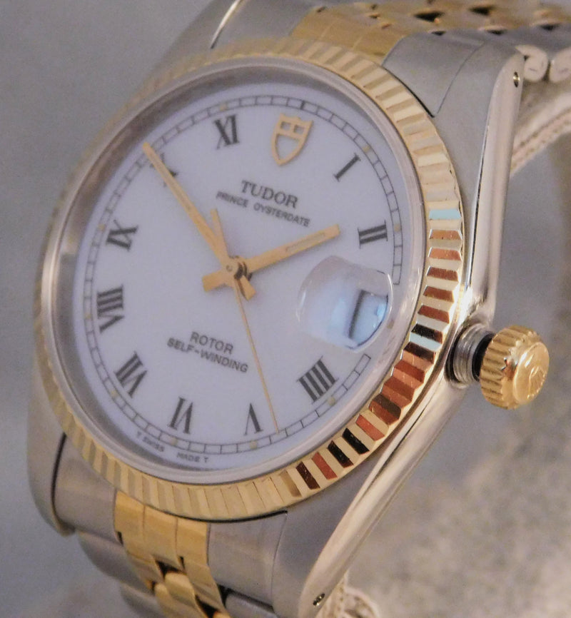 Light Slate Gray Rolex Tudor Prince Oysterdate 18k Solid Gold Bezel Circa 1996 Mens Watch....34mm