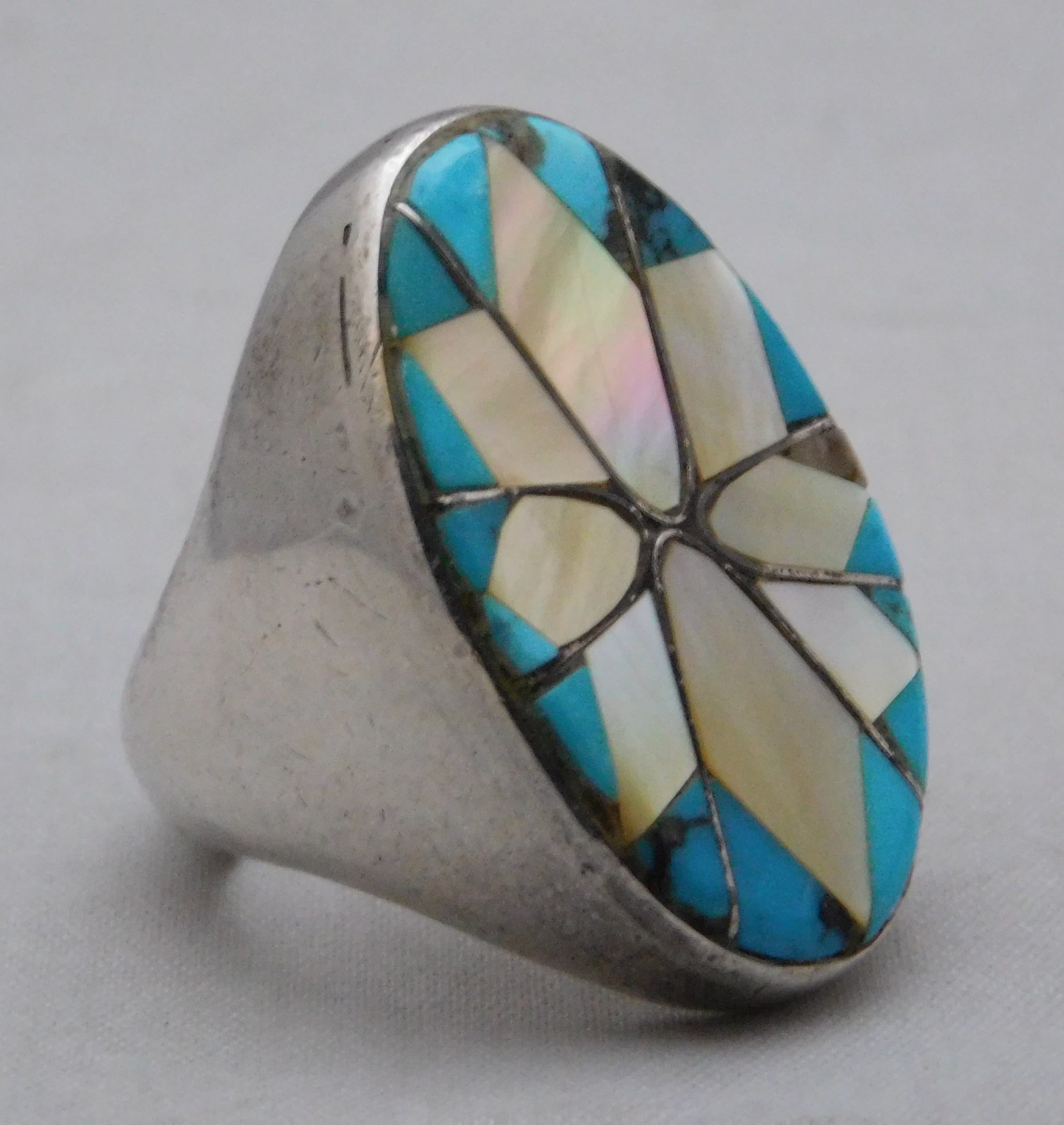 Zuni Mother of Pearl and Turquoise .925 Sterling Silver Large 