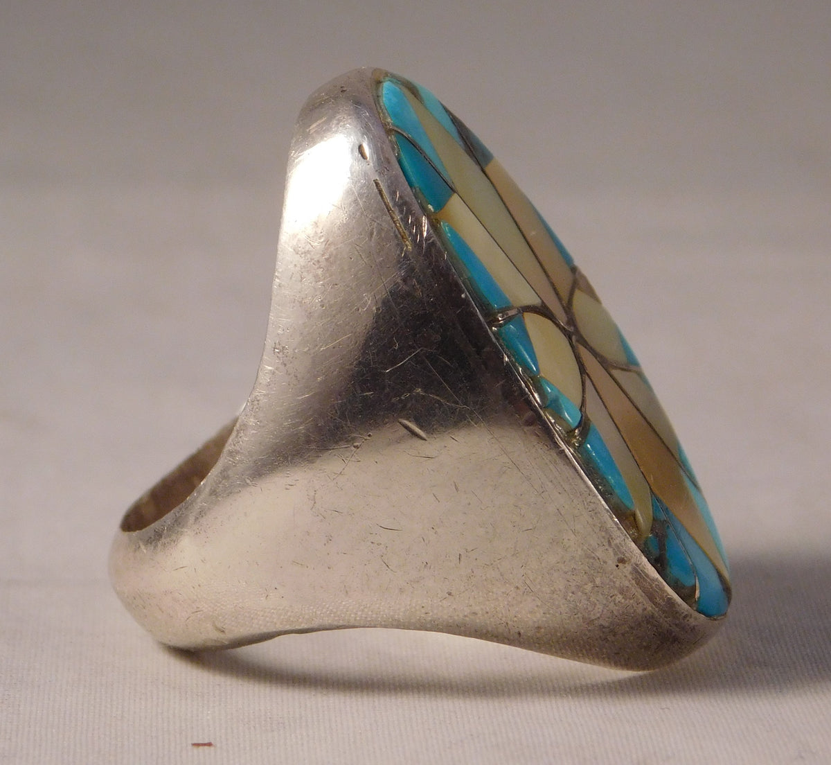 Rosy Brown Zuni Mother of Pearl and Turquoise .925 Sterling Silver Large Heavy Mens Ring Size 10.25