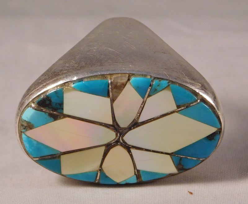 Rosy Brown Zuni Mother of Pearl and Turquoise .925 Sterling Silver Large Heavy Mens Ring Size 10.25