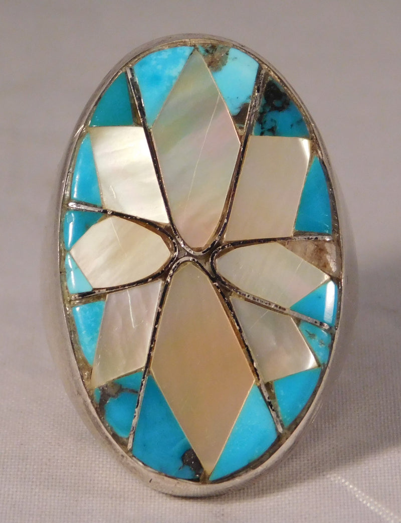 Rosy Brown Zuni Mother of Pearl and Turquoise .925 Sterling Silver Large Heavy Mens Ring Size 10.25