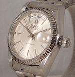 Light Slate Gray Bulova Super Seville Day Date SS Vintage 1980 Swiss Automatic Mens Watch....36mm