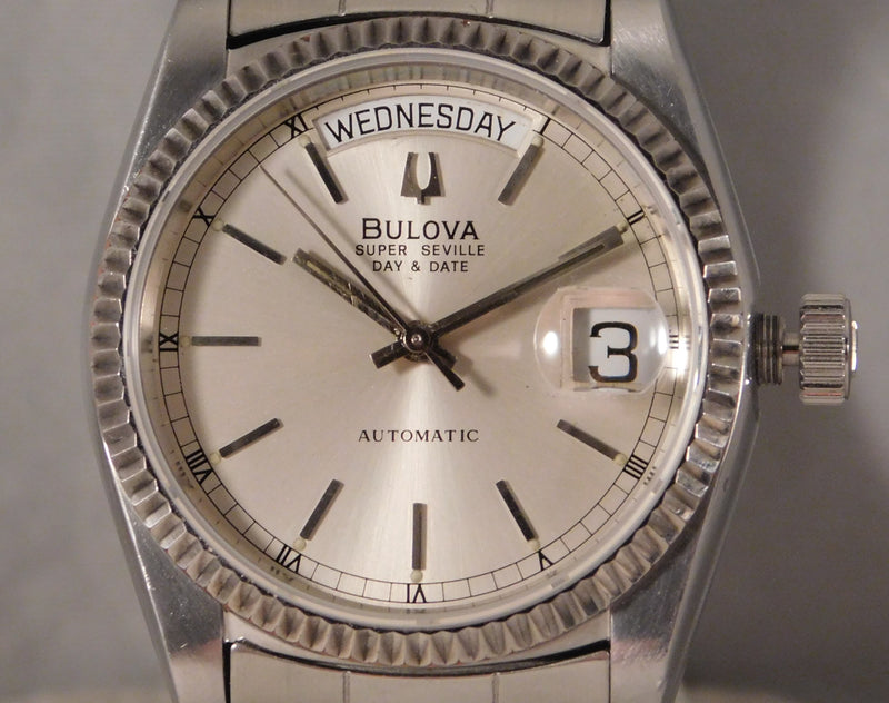 Slate Gray Bulova Super Seville Day Date SS Vintage 1980 Swiss Automatic Mens Watch....36mm