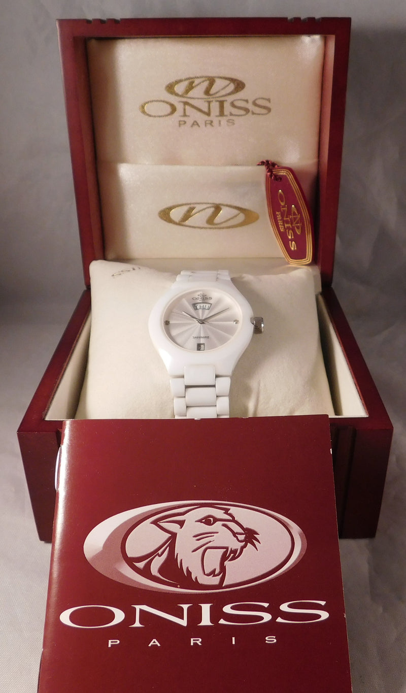 Dark Olive Green Oniss Paris Elegant Slim White Ceramic Watch With Box, Tag, and Manual....32mm