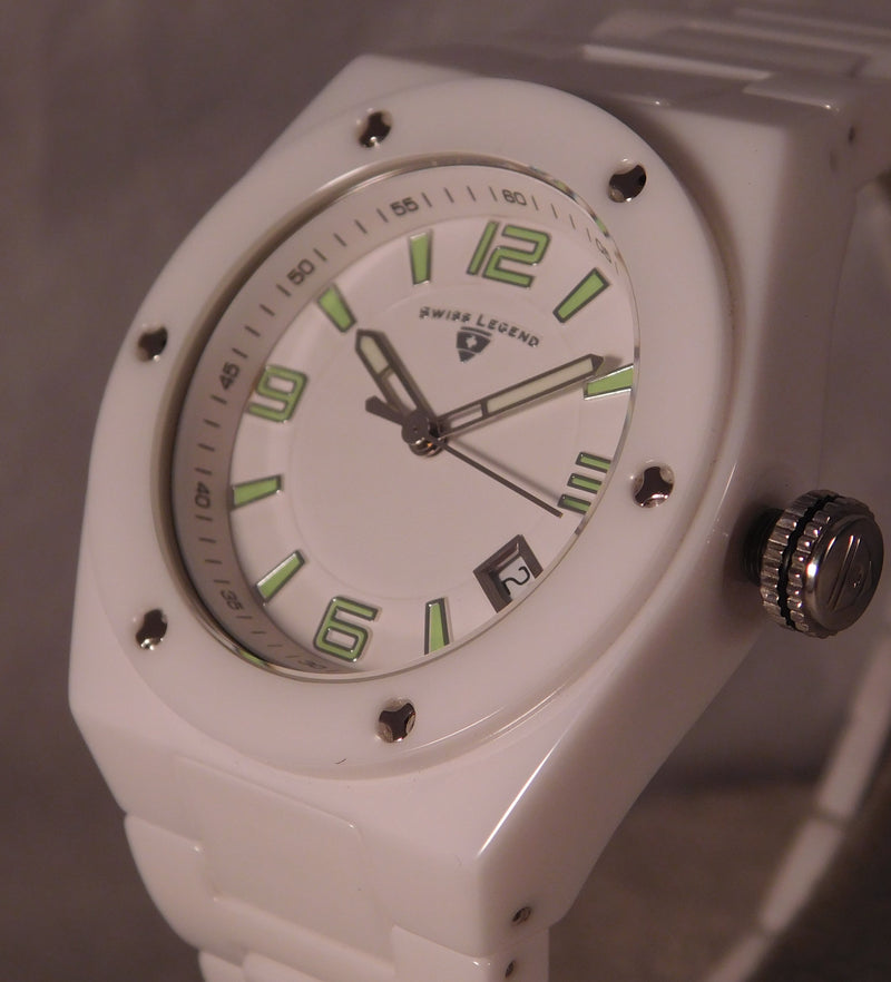 Dim Gray Swiss Legend Throttle White Ceramic Date New Battery Mens Watch....40mm