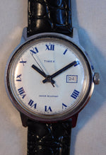 Light Slate Gray Timex Marlin Date Circa 1974 Roman Numeral Dial Stainless Steel Mens Watch....33mm