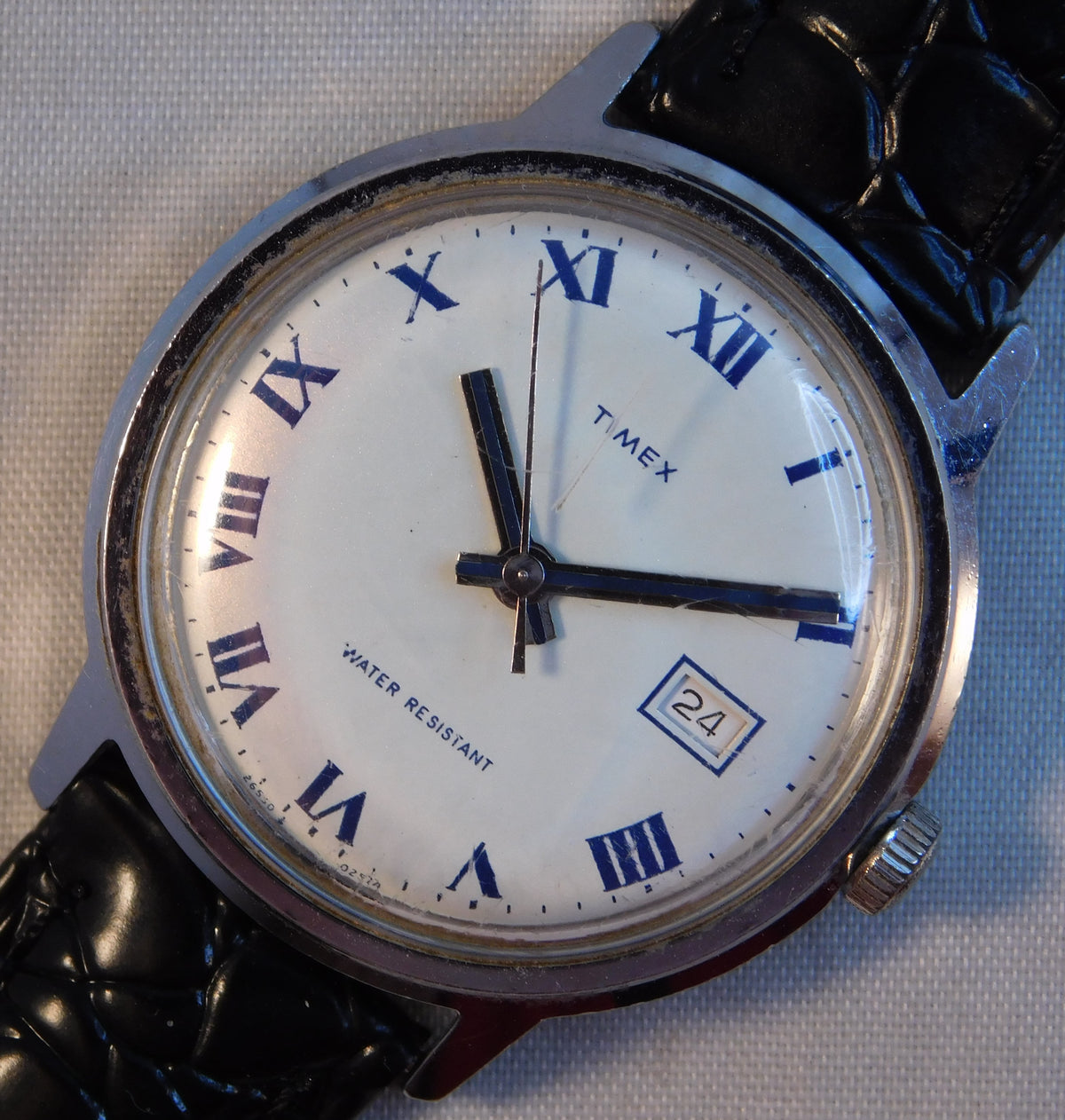 Light Slate Gray Timex Marlin Date Circa 1974 Roman Numeral Dial Stainless Steel Mens Watch....33mm