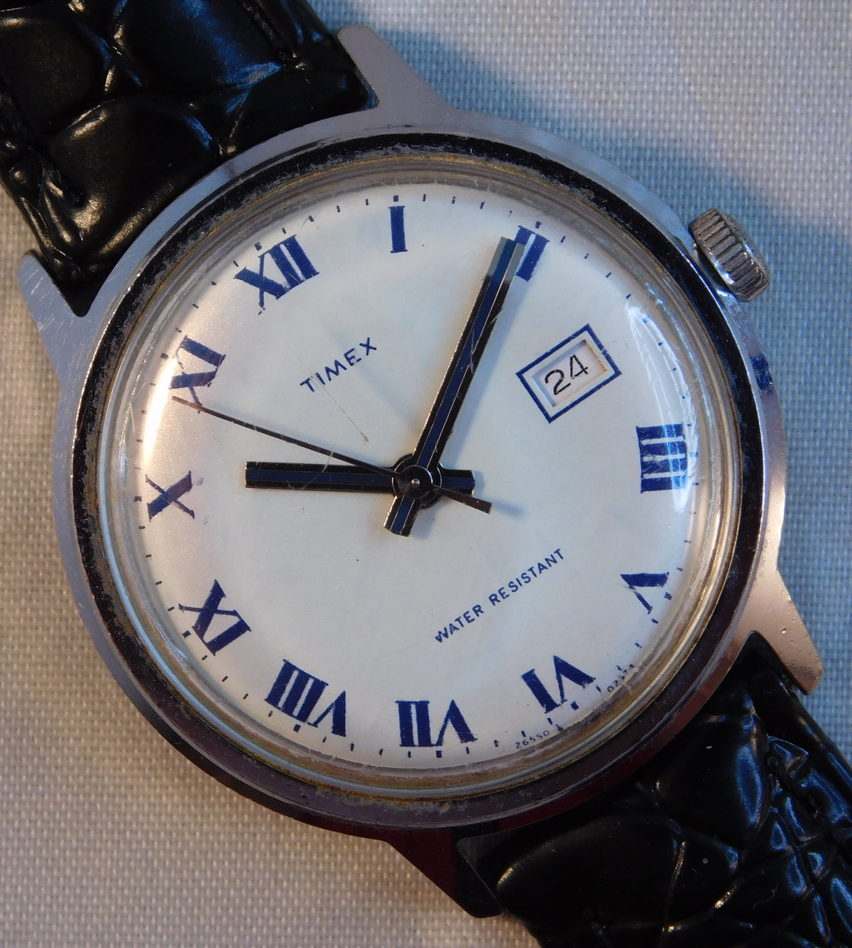 Light Slate Gray Timex Marlin Date Circa 1974 Roman Numeral Dial Stainless Steel Mens Watch....33mm