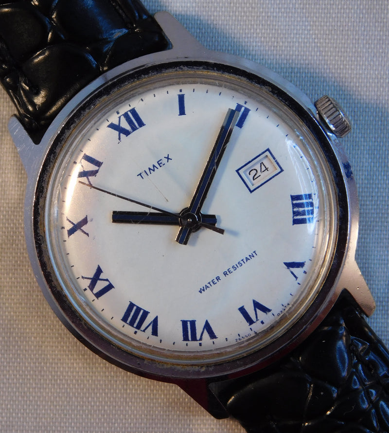 Light Slate Gray Timex Marlin Date Circa 1974 Roman Numeral Dial Stainless Steel Mens Watch....33mm