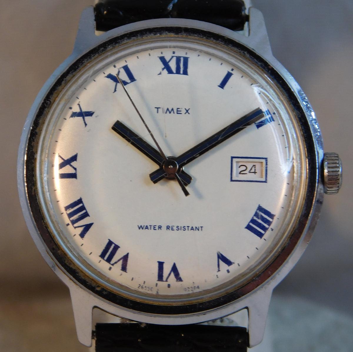 Slate Gray Timex Marlin Date Circa 1974 Roman Numeral Dial Stainless Steel Mens Watch....33mm