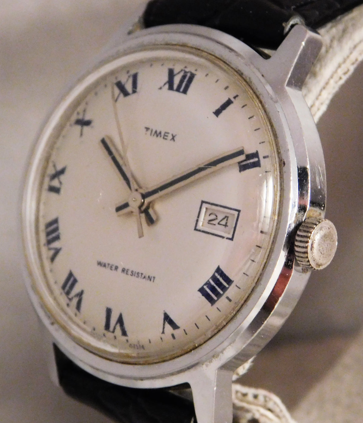 Rosy Brown Timex Marlin Date Circa 1974 Roman Numeral Dial Stainless Steel Mens Watch....33mm