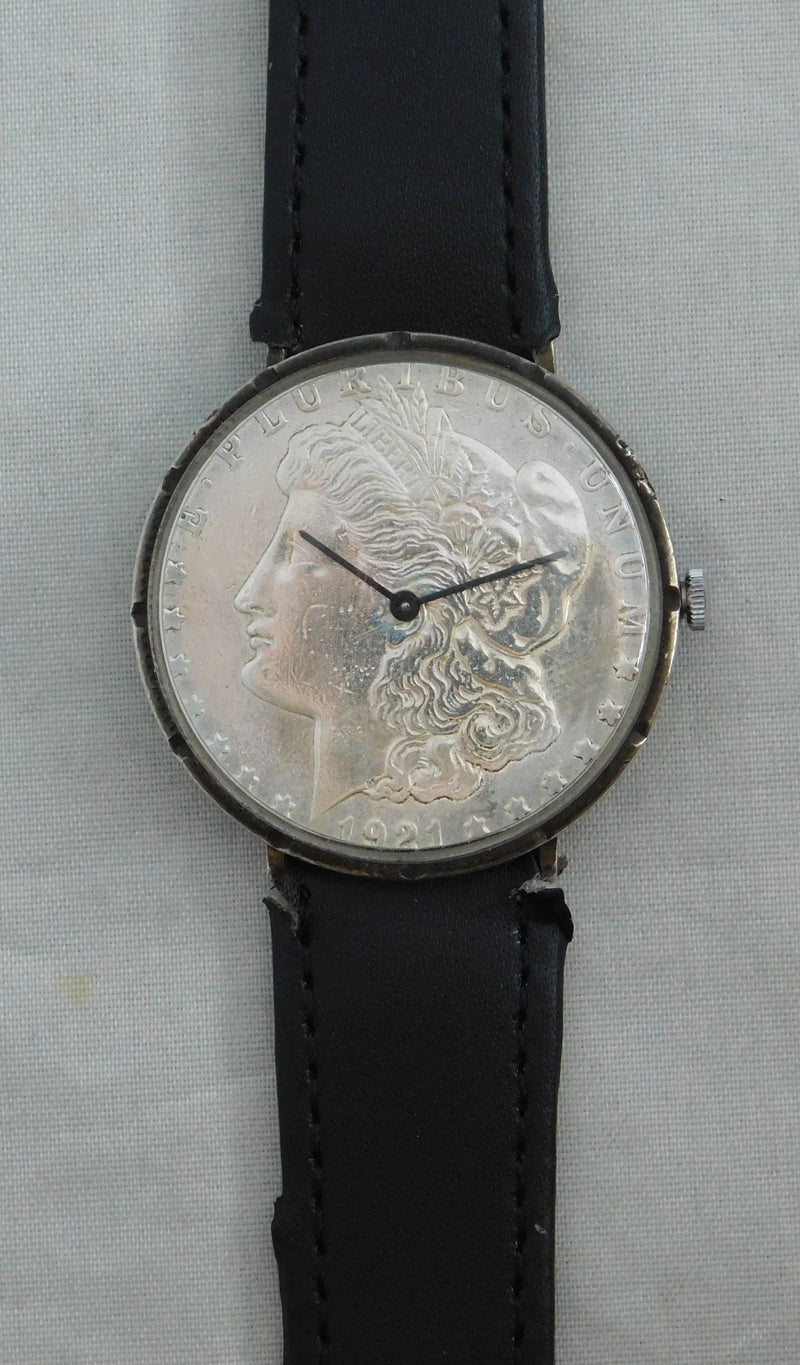 Dark Gray Morgan Silver Dollar 1921 Coin Watch Swiss 17 Jewel Manual Wind Movement....38mm