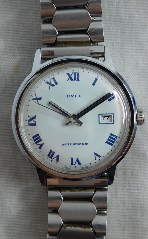 Slate Gray Timex Marlin Date Circa 1974 Roman Numeral Dial SS Manual Wind Mens Watch....33