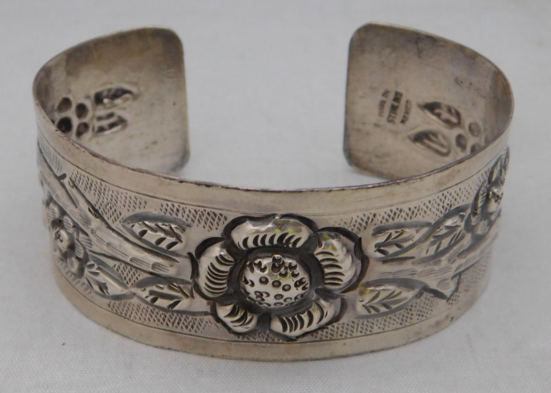 Dark Gray Large Stunning Sterling Silver Mexico Flower Repousse Cuff Bracelet...7.5" Wrist