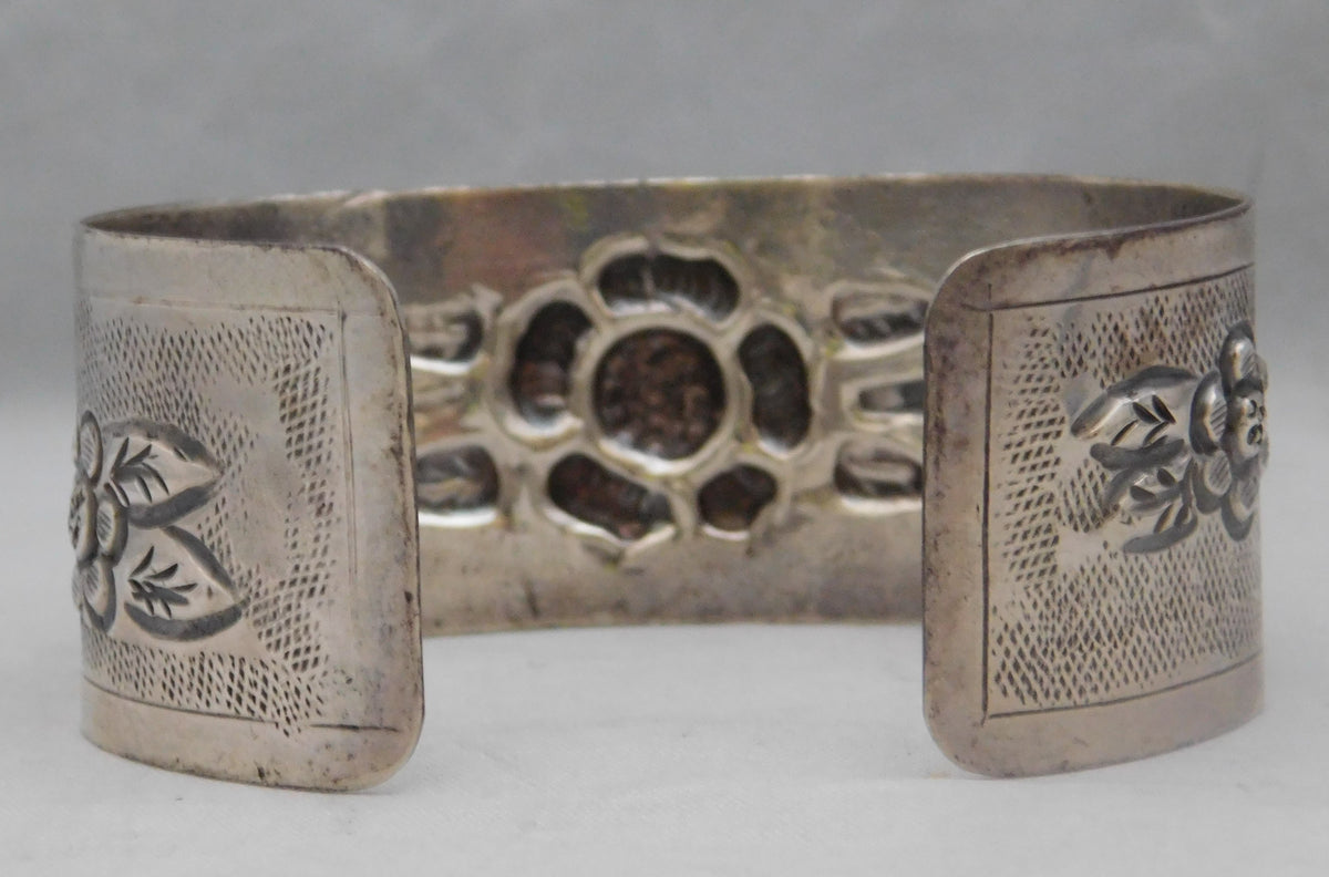 Light Slate Gray Large Stunning Sterling Silver Mexico Flower Repousse Cuff Bracelet...7.5" Wrist