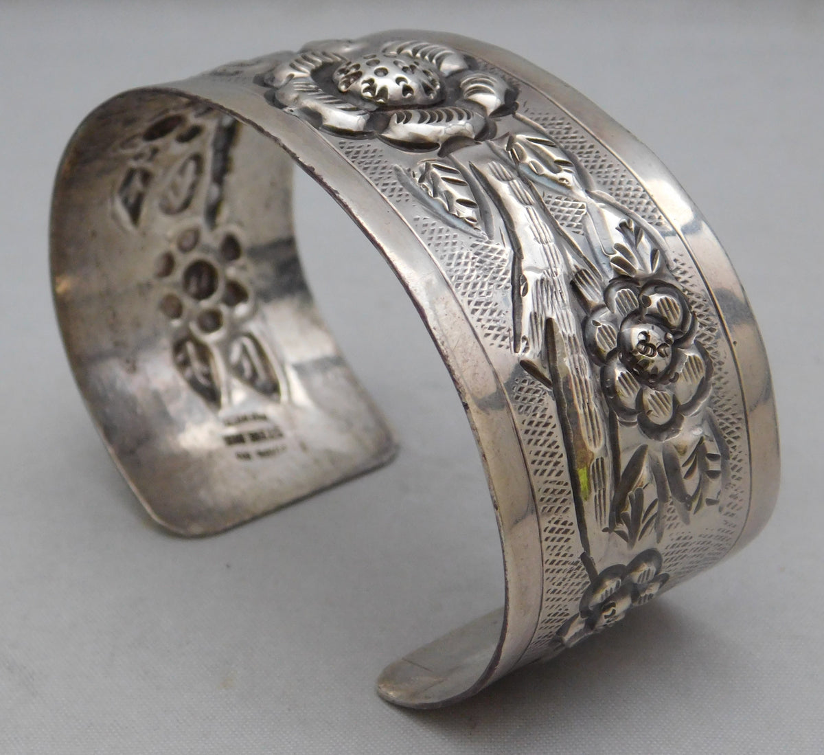 Light Slate Gray Large Stunning Sterling Silver Mexico Flower Repousse Cuff Bracelet...7.5" Wrist
