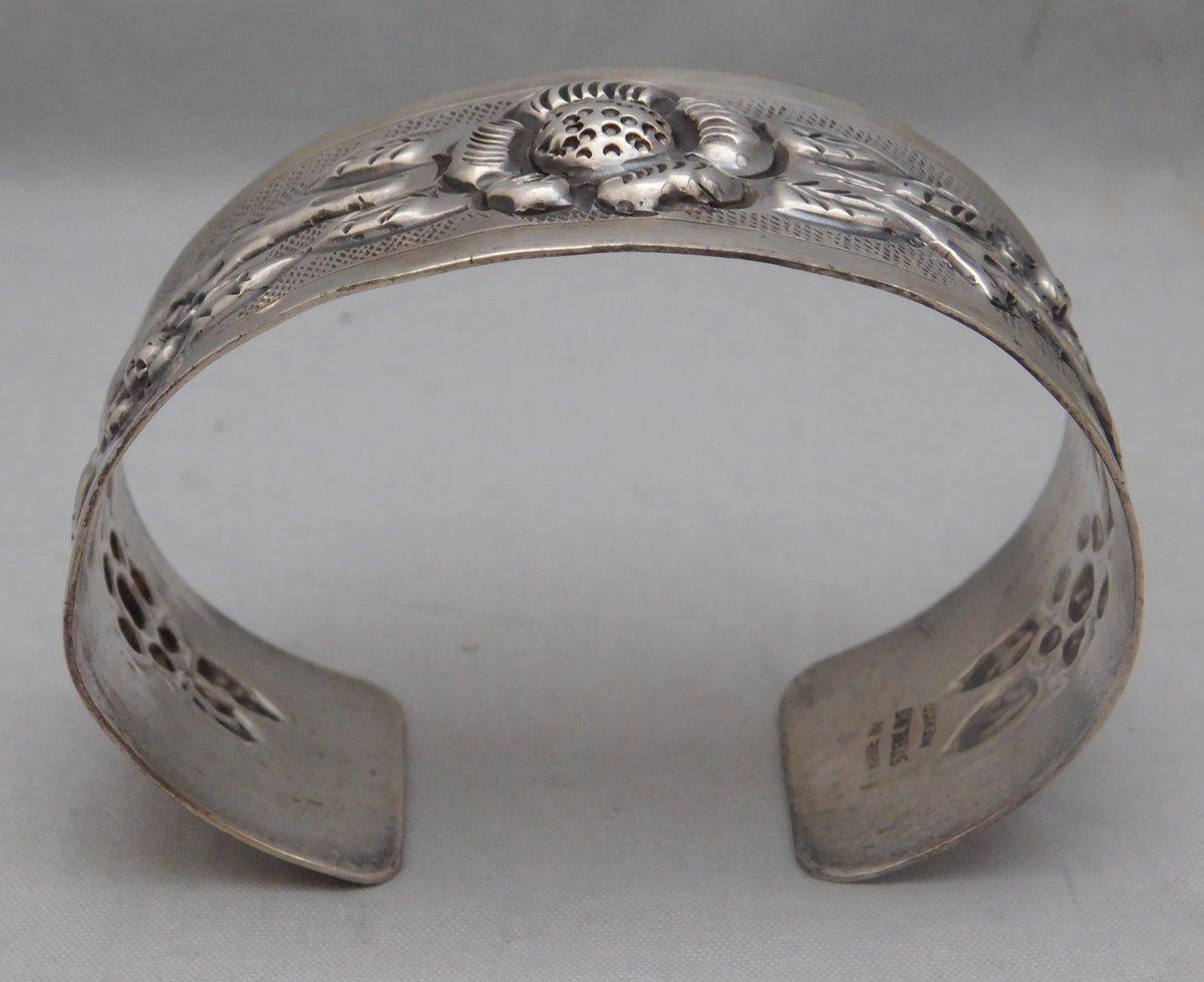 Light Slate Gray Large Stunning Sterling Silver Mexico Flower Repousse Cuff Bracelet...7.5" Wrist