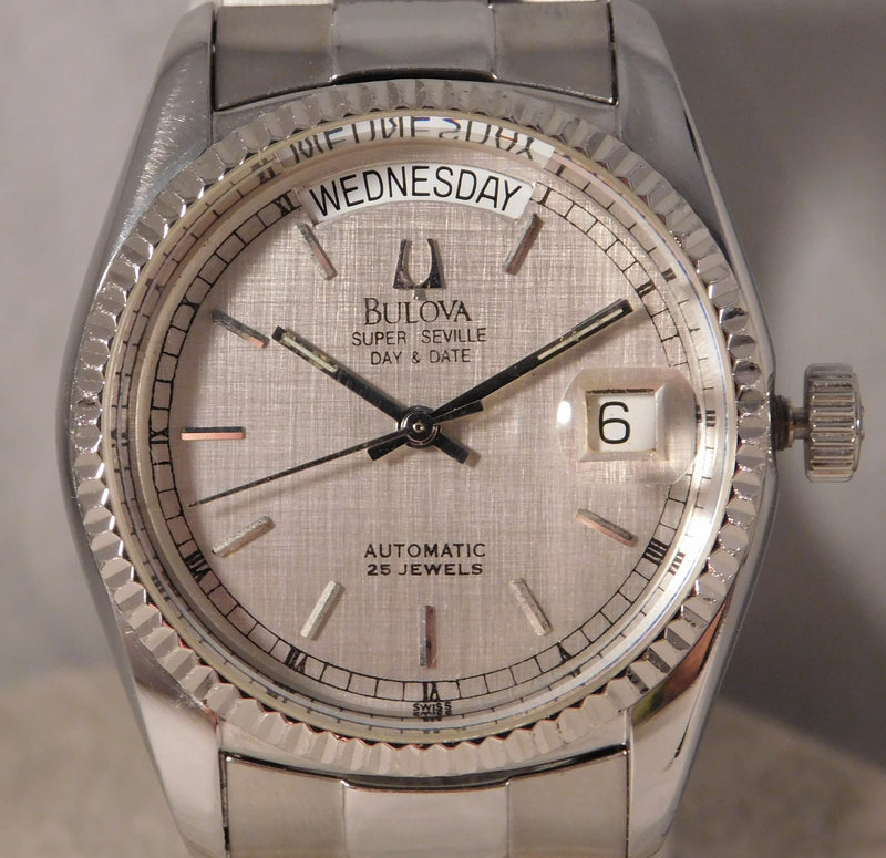 Light Slate Gray Bulova Super Seville Day & Date SS 1970's Swiss Automatic Mens Watch....36mm