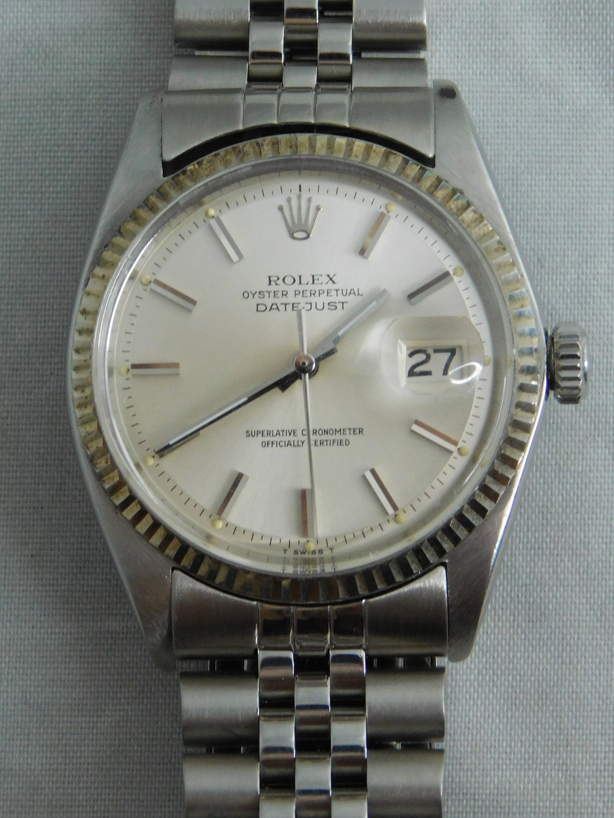 Slate Gray Rolex Datejust 1601 SS 18k Solid White Gold Bezel Vintage 1969 Mens Watch....36mm