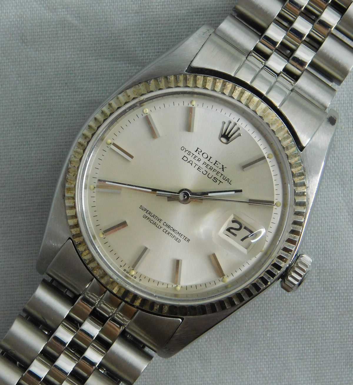 Light Slate Gray Rolex Datejust 1601 SS 18k Solid White Gold Bezel Vintage 1969 Mens Watch....36mm