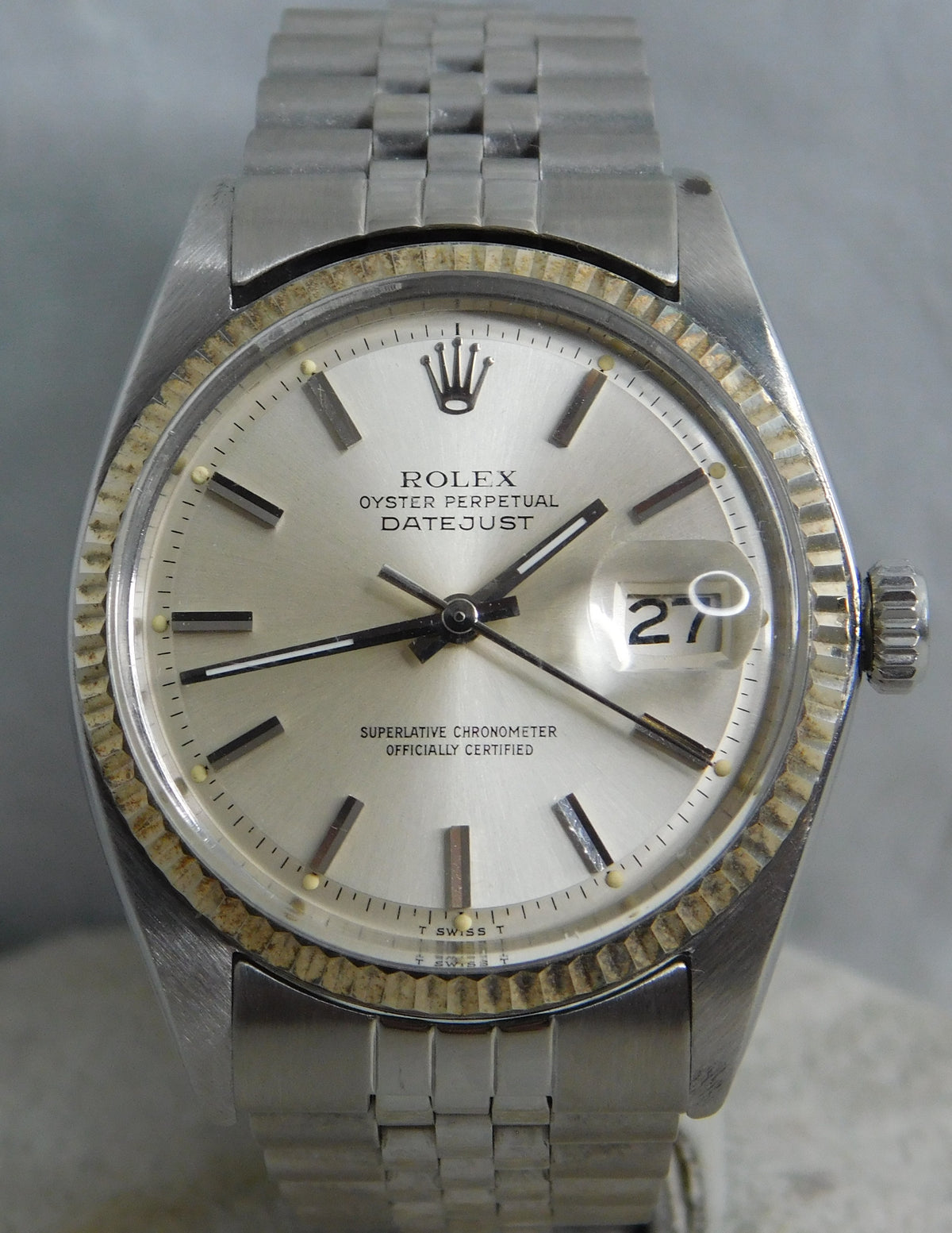 Slate Gray Rolex Datejust 1601 SS 18k Solid White Gold Bezel Vintage 1969 Mens Watch....36mm