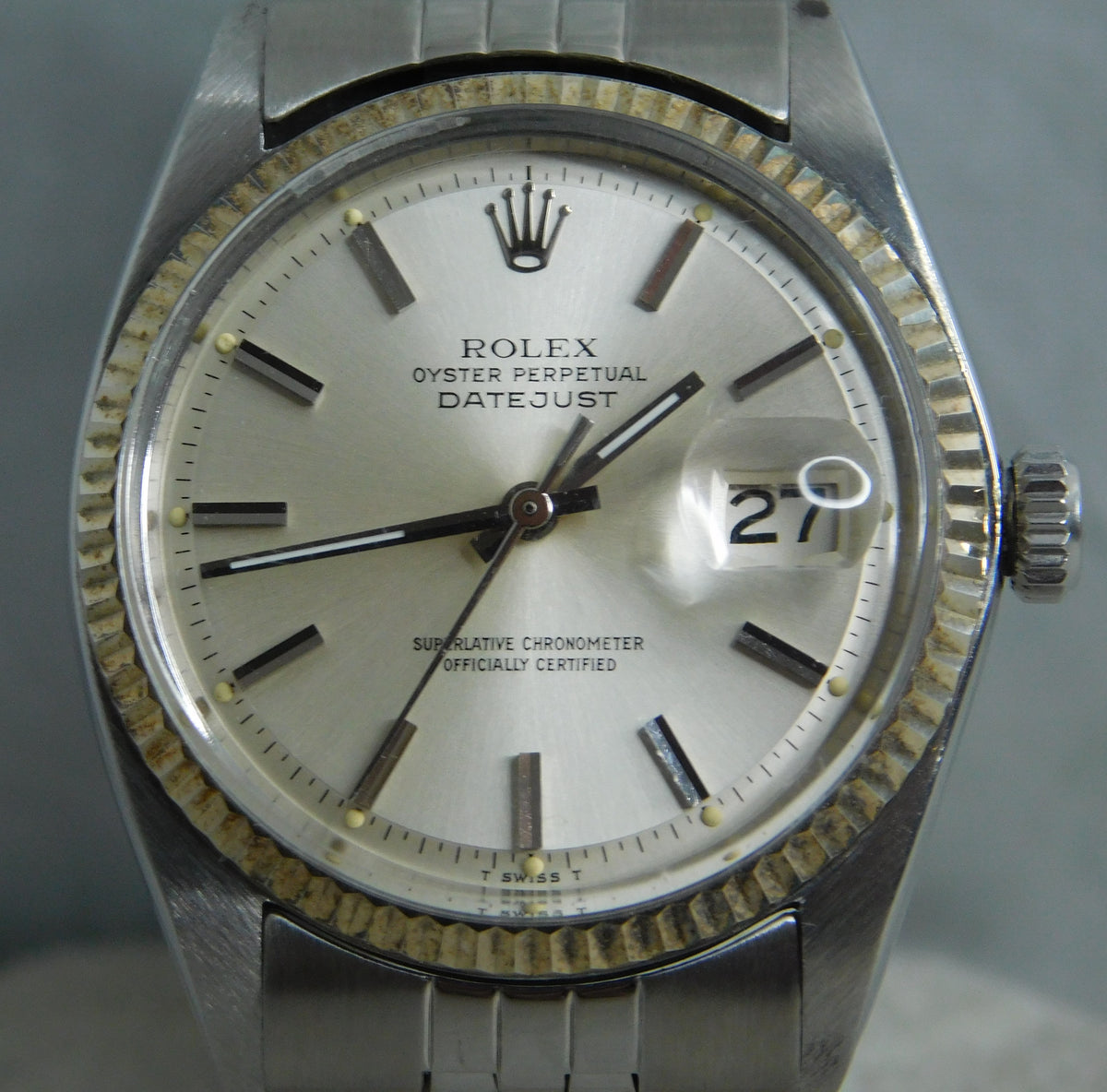 Dim Gray Rolex Datejust 1601 SS 18k Solid White Gold Bezel Vintage 1969 Mens Watch....36mm