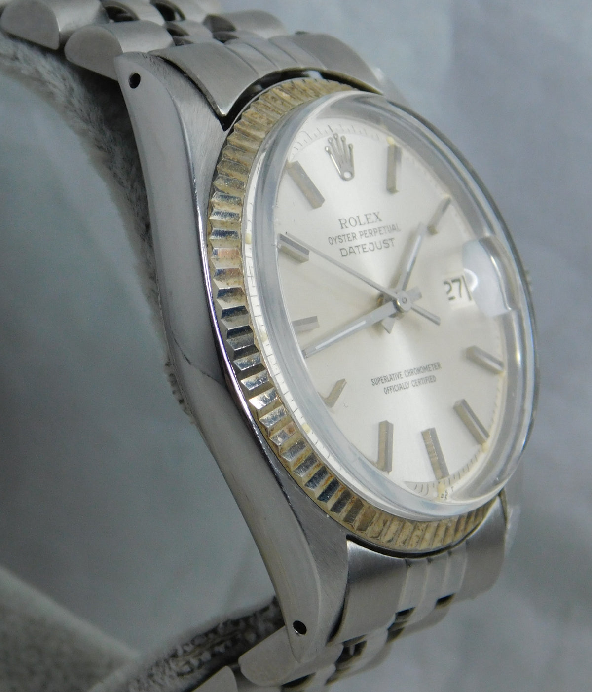 Slate Gray Rolex Datejust 1601 SS 18k Solid White Gold Bezel Vintage 1969 Mens Watch....36mm