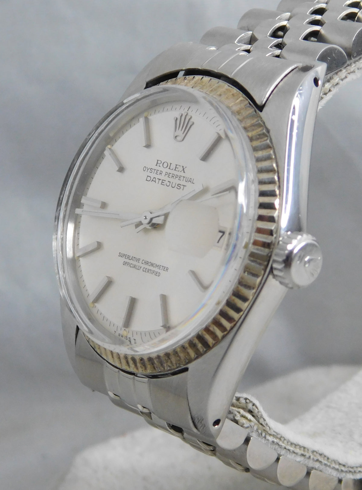 Dark Gray Rolex Datejust 1601 SS 18k Solid White Gold Bezel Vintage 1969 Mens Watch....36mm