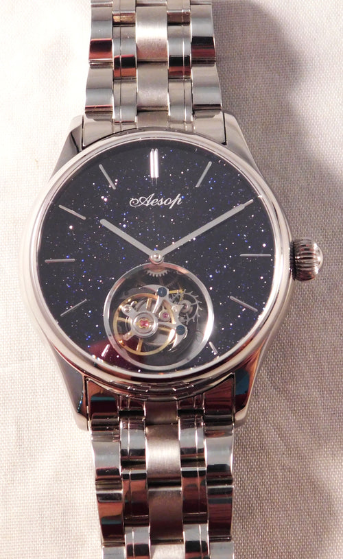 Gray Aesop Flying Tourbillon 7050G Hand Wind Black Starry Sky Dial Mens Watch....42mm