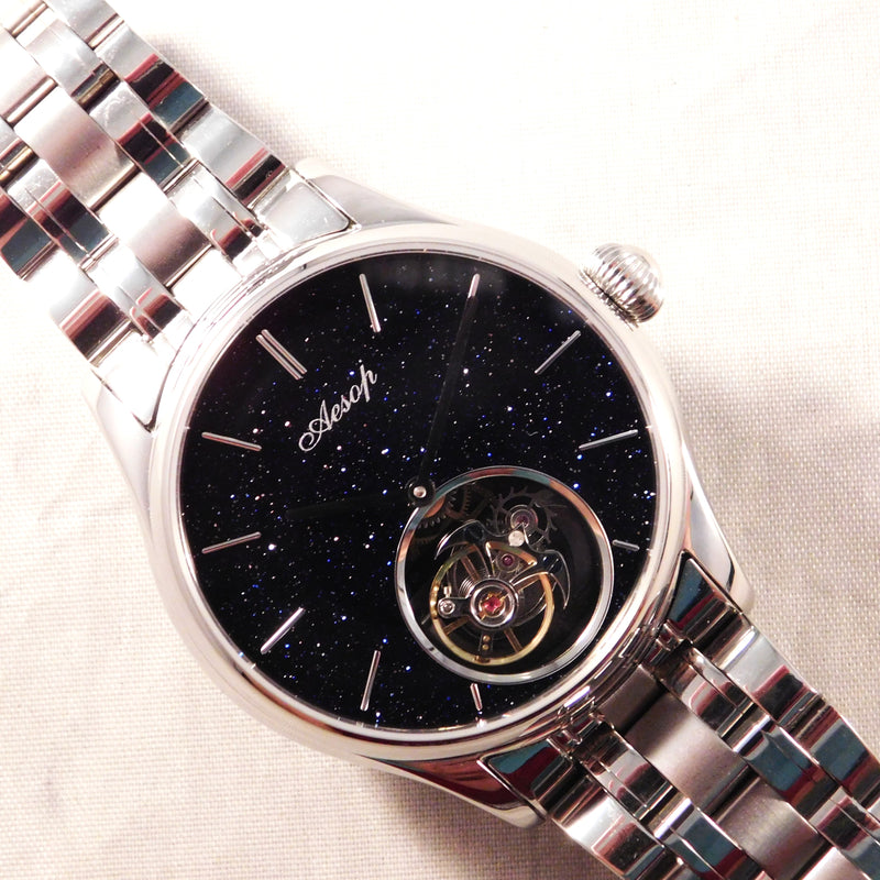 Light Gray Aesop Flying Tourbillon 7050G Hand Wind Black Starry Sky Dial Mens Watch....42mm