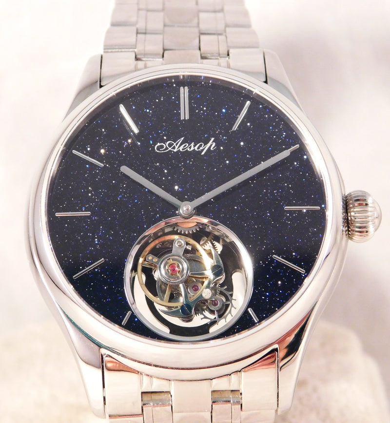 Dark Slate Gray Aesop Flying Tourbillon 7050G Hand Wind Black Starry Sky Dial Mens Watch....42mm