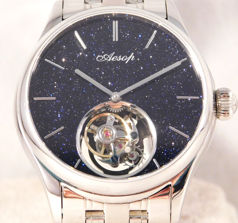 Light Gray Aesop Flying Tourbillon 7050G Hand Wind Black Starry Sky Dial Mens Watch....42mm