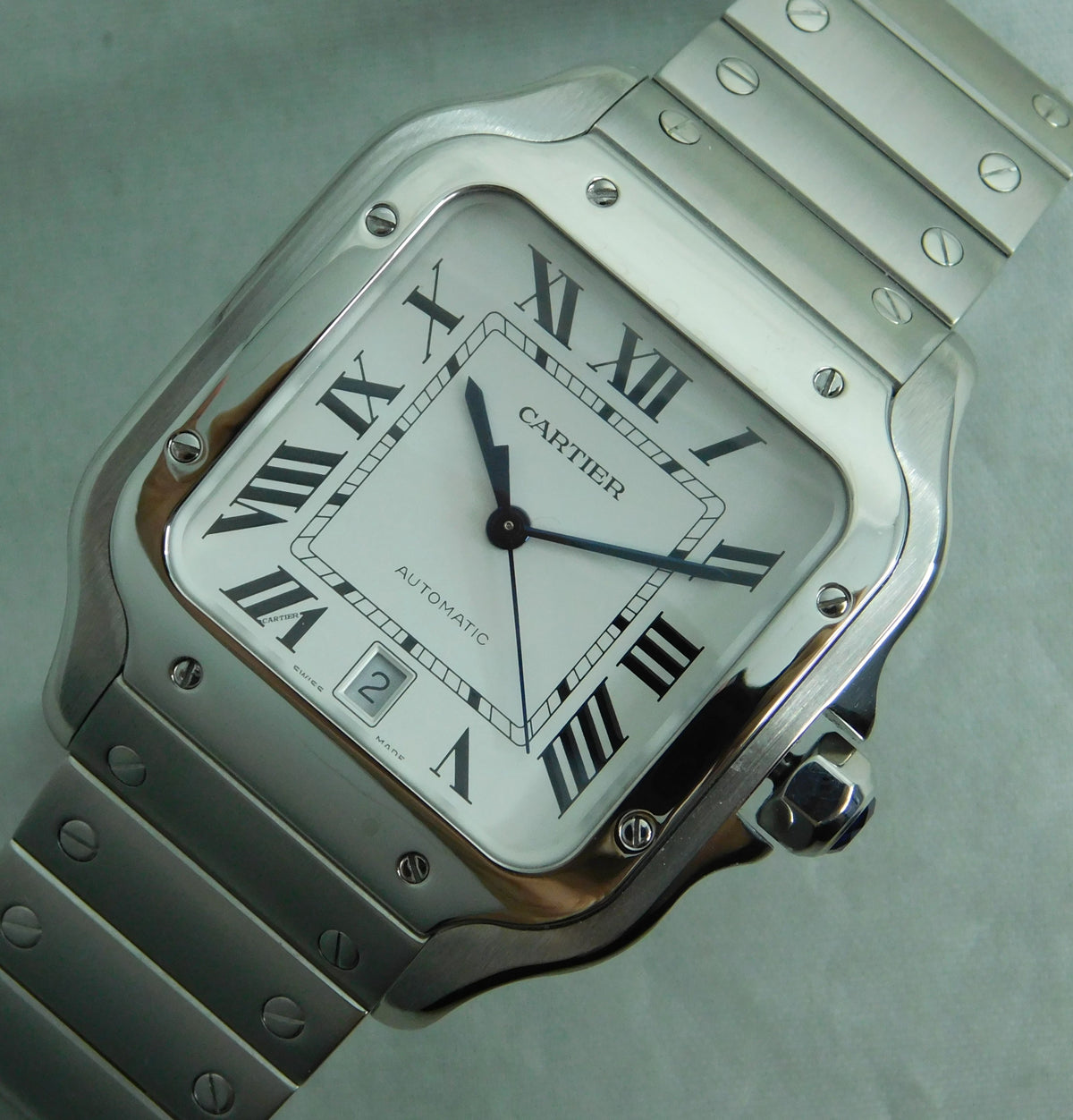 Light Slate Gray Cartier Santos Stainless Steel Date 4072  WSSA0018 Automatic Mens Watch....37mm