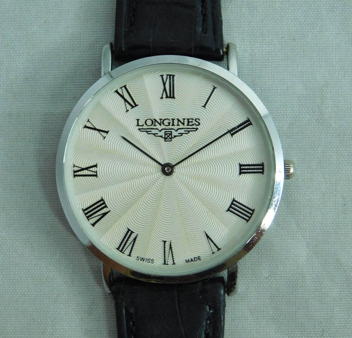 Dark Gray Longines Ultra Thin Swiss Made Quartz White Roman Dial SS Mens Dress Watch   38mm