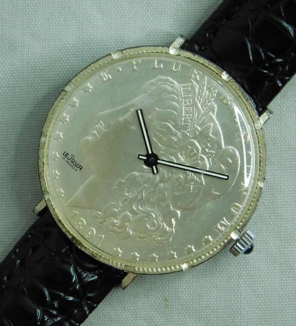 Black Morgan Silver Dollar Coin Watch Swiss LeJour 17 Jewel Manual Wind Movement  38mm