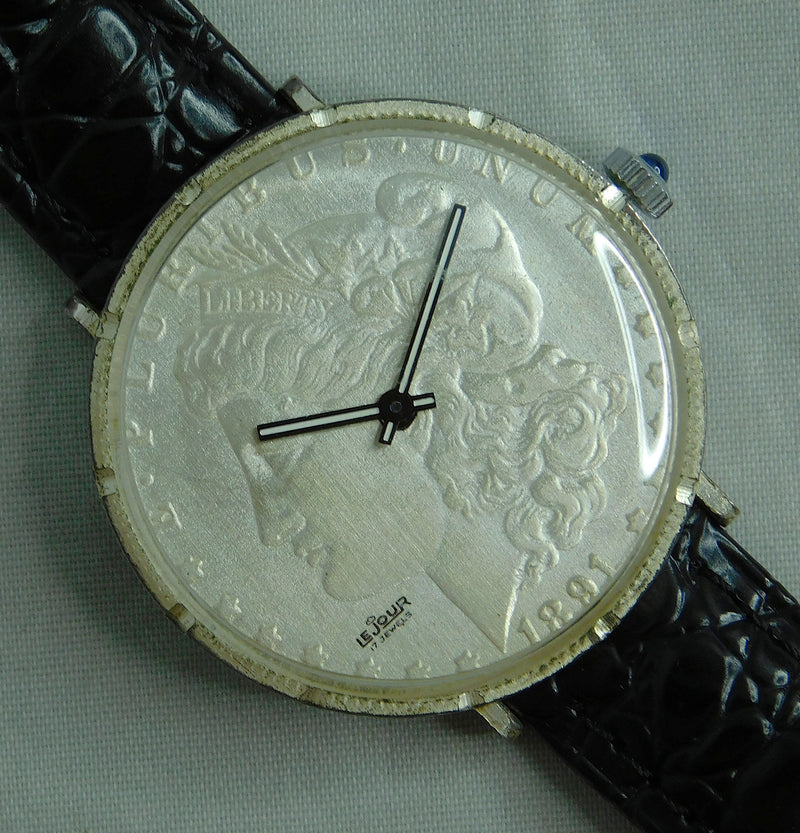 Light Slate Gray Morgan Silver Dollar Coin Watch Swiss LeJour 17 Jewel Manual Wind Movement  38mm