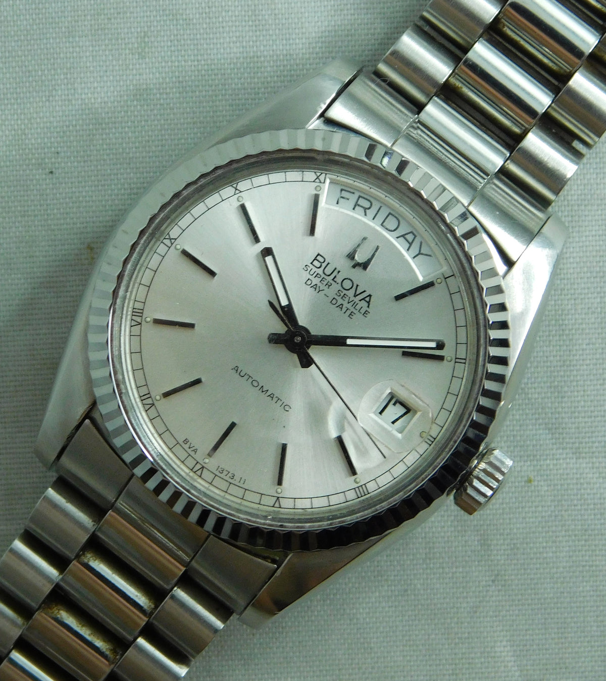 Light Slate Gray Bulova Super Seville Day - Date SS 1980's Swiss Automatic Mens Watch   36mm