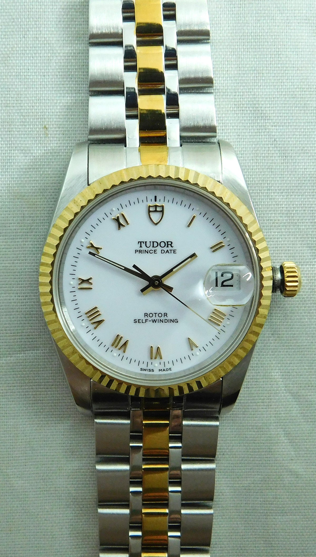 Light Slate Gray Rolex Tudor Prince Date 74033 White Roman Dial 2-Tone Circa 2000 Mens Watch  34mm