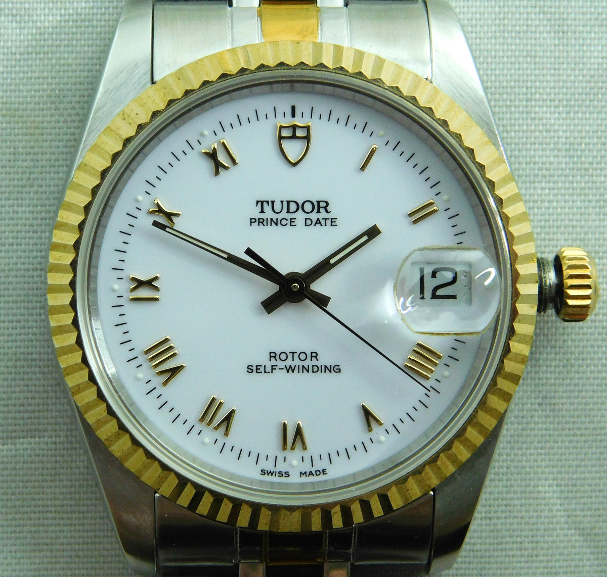 Gray Rolex Tudor Prince Date 74033 White Roman Dial 2-Tone Circa 2000 Mens Watch  34mm