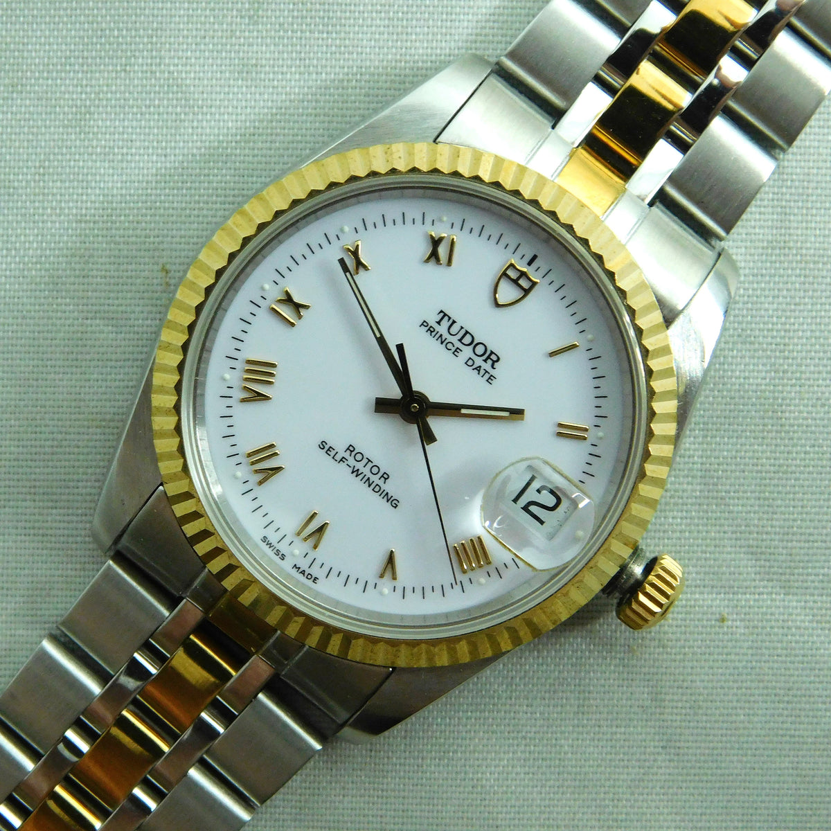 Gray Rolex Tudor Prince Date 74033 White Roman Dial 2-Tone Circa 2000 Mens Watch  34mm