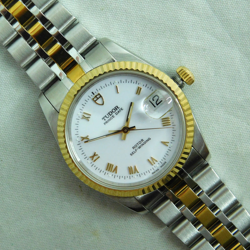 Gray Rolex Tudor Prince Date 74033 White Roman Dial 2-Tone Circa 2000 Mens Watch  34mm