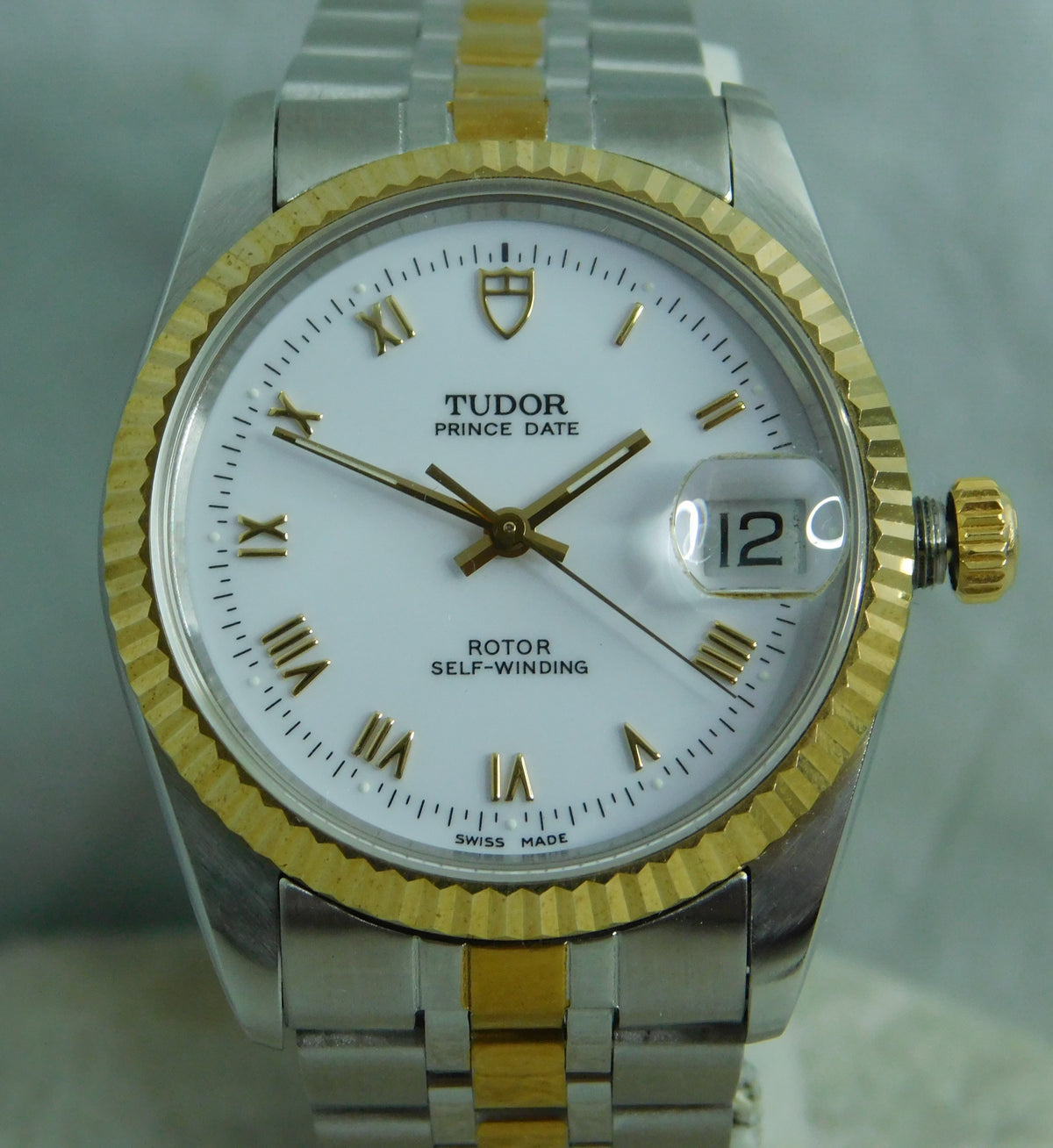 Slate Gray Rolex Tudor Prince Date 74033 White Roman Dial 2-Tone Circa 2000 Mens Watch  34mm