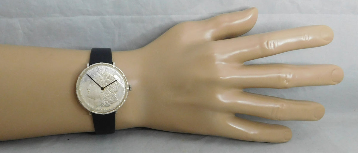 Dark Gray Morgan 1921 Silver Dollar Coin Watch Swiss 17 Jewel Manual Wind Movement Mens Watch   38mm