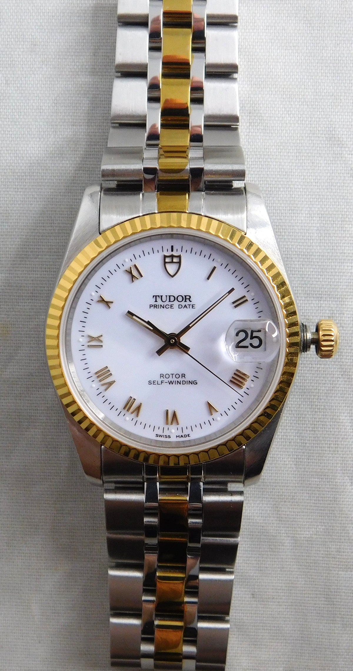 Rolex Tudor Prince Date 74033 White Roman Dial 2-Tone Circa 2000 Mens Watch   34mm