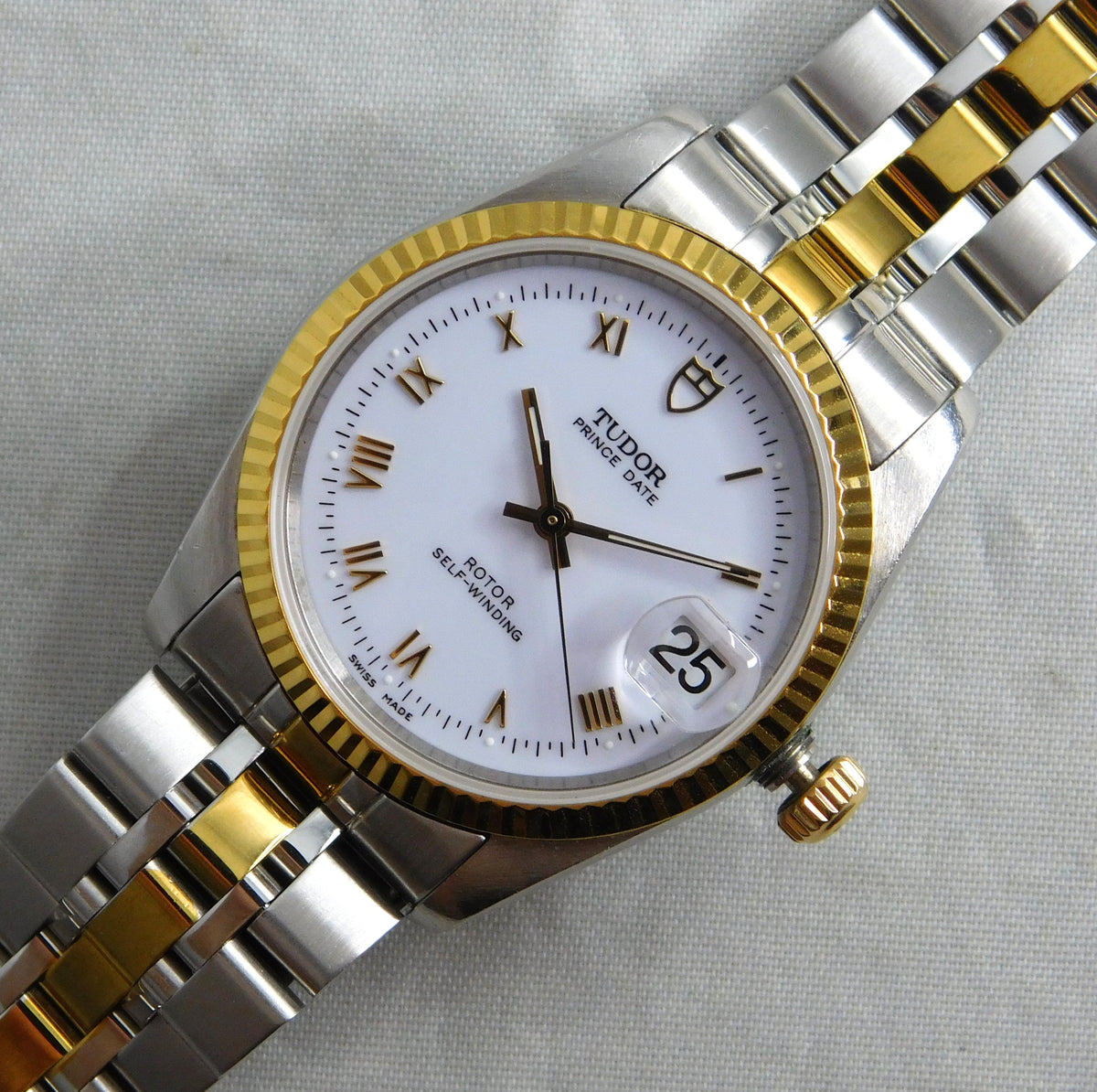 Rolex Tudor Prince Date 74033 White Roman Dial 2-Tone Circa 2000 Mens Watch   34mm