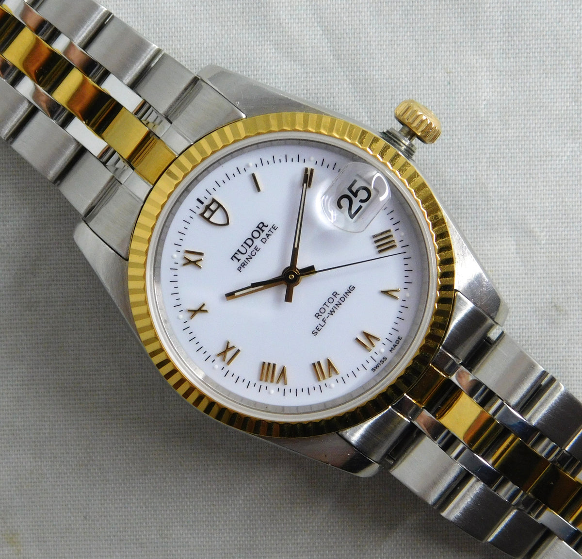 Rolex Tudor Prince Date 74033 White Roman Dial 2-Tone Circa 2000 Mens Watch   34mm