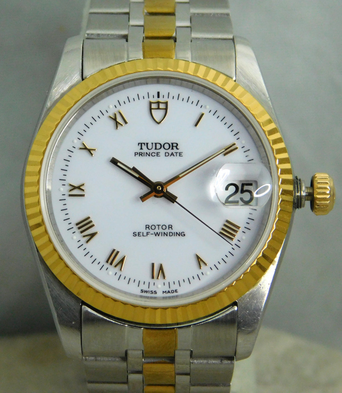 Rolex Tudor Prince Date 74033 White Roman Dial 2-Tone Circa 2000 Mens Watch   34mm