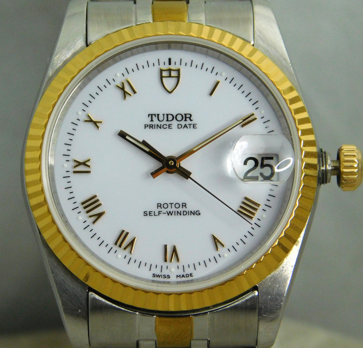 Rolex Tudor Prince Date 74033 White Roman Dial 2-Tone Circa 2000 Mens Watch   34mm
